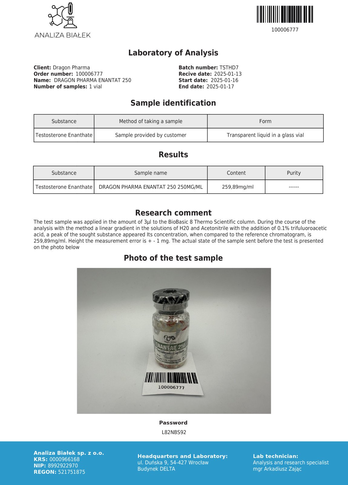 Dragon Pharma Enantat 250 Lab Test